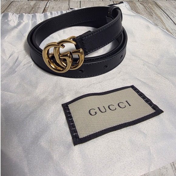 Gucci Accessories - Gucci Double G Thin Black Leather Belt Gold Buckle 409417 75-30 Mens Womens